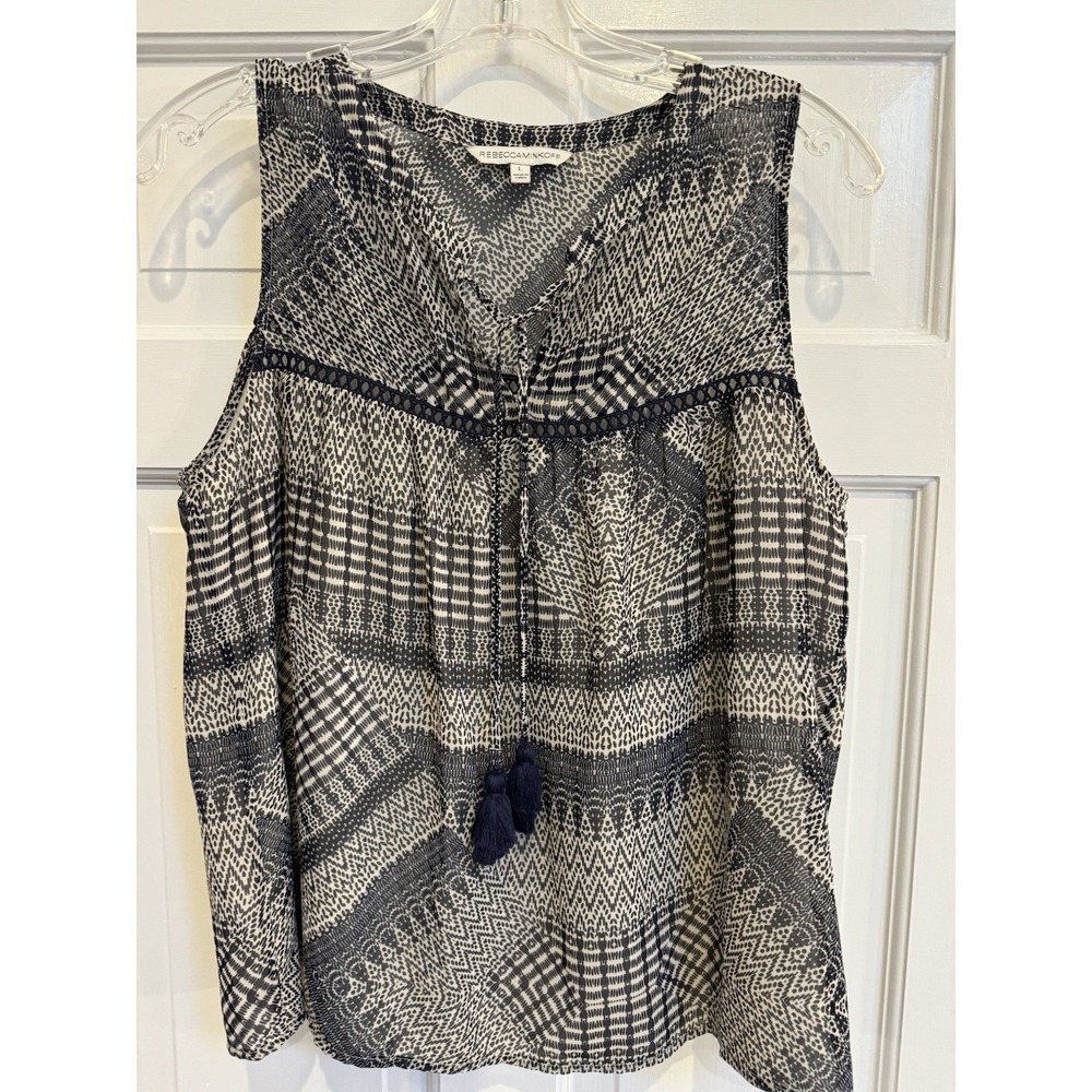 Rebecca Minkoff Vicky Print Top Blouse‎ Shirt Tassel V neck Sleeveless Large
